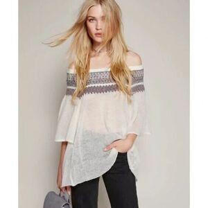 Free People Womens XS Sweater Lock Lomand Sheer Off Shoulder Tribal Off White